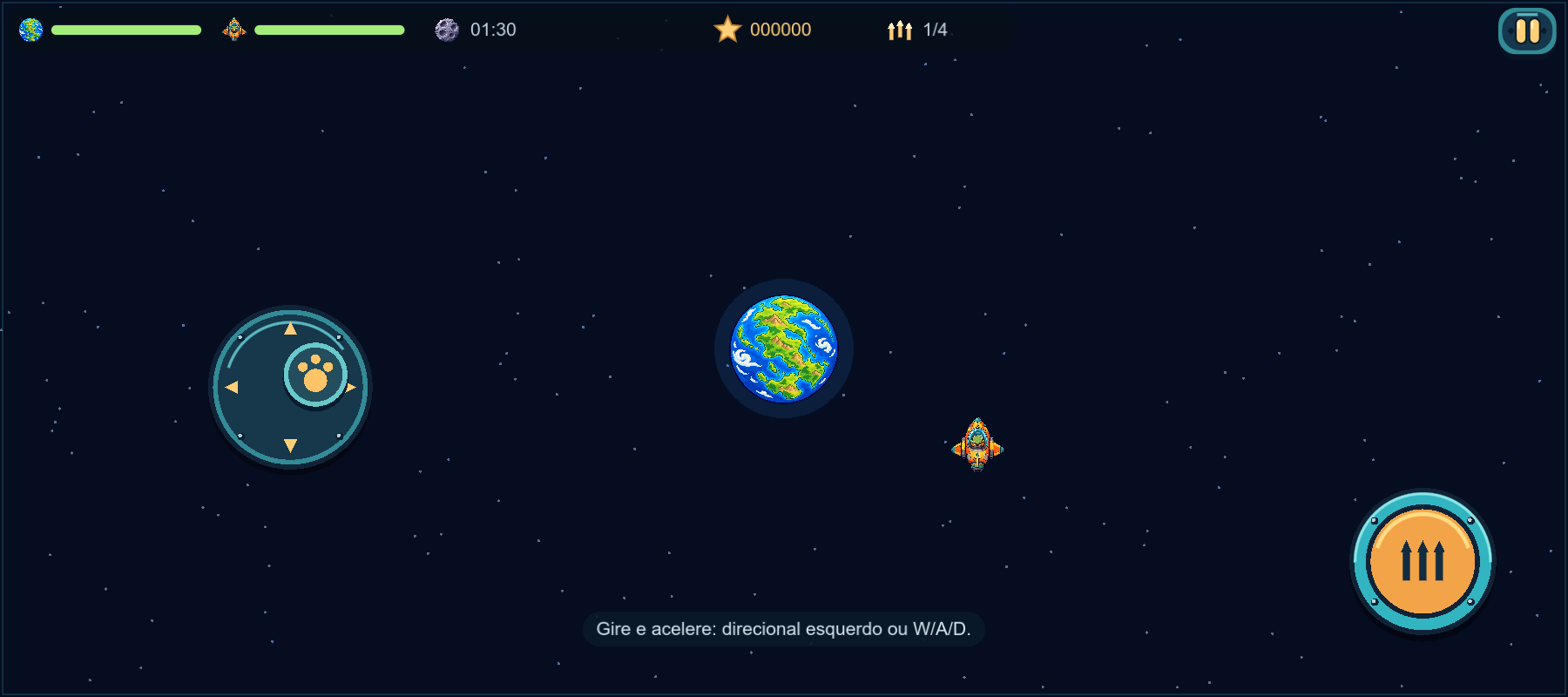 Partida de Dino Space: Terra no centro, nave, barras de energia e controles de toque